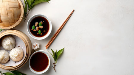 Savor the beauty of delicious Asian dumplings served with a dipping sauce, complemented by green leaves and chopsticks, perfect for any food lover.の素材