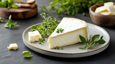 A delicious slice of soft cheese presented on a stylish plate, surrounded by fresh herbs. Perfect for culinary inspiration and food photography.の素材