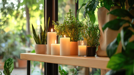 A serene arrangement of candles and plants on a wooden shelf, bathed in natural light. This image captures the essence of peaceful home decor and relaxation.の素材