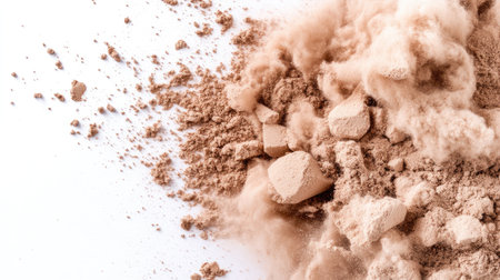 A dynamic explosion of dusty brown powder creates an intriguing texture against a white background. Ideal for beauty, wellness, and creative projects.の素材