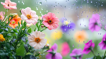 A captivating display of colorful flowers adorned with water droplets, set against a vibrant natural backdrop after rainfall. Perfect for nature lovers.の素材