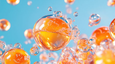 This image features a vibrant orange sphere floating in clear liquid, surrounded by glistening air bubbles, creating a stunning abstract visual perfect for digital projects.の素材