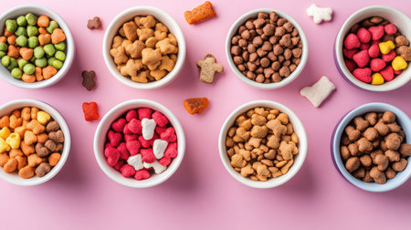 A vibrant arrangement of colorful pet treats in white bowls on a pink background, showcasing a playful assortment perfect for animal lovers and pet care.の素材