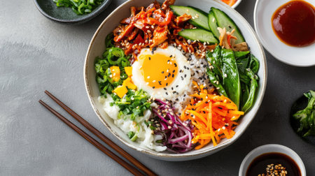 This vibrant bowl of bibimbap features fresh vegetables, an egg, and savory ingredients, presented beautifully for a healthy and delicious meal.の素材