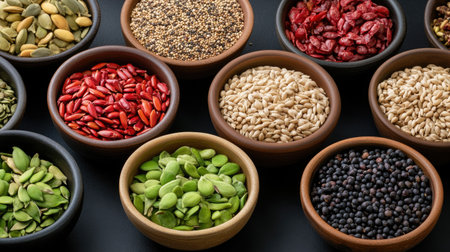 A colorful assortment of seeds and nuts displayed in decorative bowls against a dark background. Perfect for emphasizing healthy eating and nutrition options.の素材