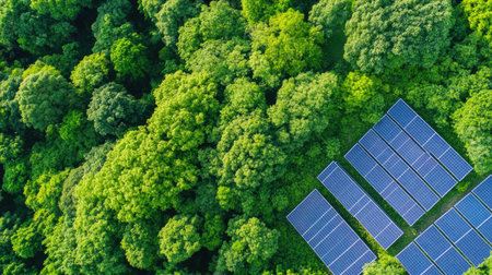 An aerial view showcases solar panels nestled within a vibrant forest, symbolizing the harmony of technology and nature in sustainable energy solutions.の素材