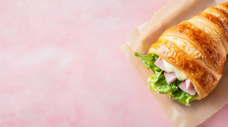 A mouthwatering croissant sandwich filled with fresh lettuce, ham, and cheese. Perfect for breakfast or lunch. Enjoy a flavorful delight on a pink backdrop.の素材