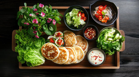 A vibrant assortment of fresh vegetables, savory pancakes, and salad presented beautifully on a wooden platter, perfect for a healthy meal or snack.の素材