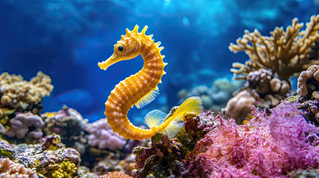 A vibrant yellow seahorse gracefully swims among colorful coral reefs, showcasing the beauty of underwater life and the delicate balance of marine ecosystems.の素材