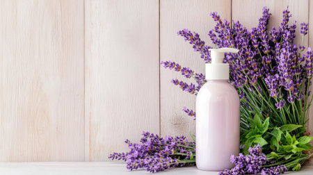 A beautifully arranged lavender-dominated scene featuring a bottle of moisturizing lotion beside fresh lavender blooms on a wooden surface, ideal for wellness themes.の素材