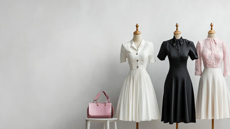 This stylish image features three elegant dresses displayed on mannequins alongside a pink handbag. Perfect for fashion, retail, and boutique themes.の素材