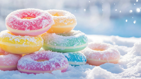 A whimsical display of colorful donuts dusted with snow, embodying the joy of winter. These treats contrast beautifully with a snowy background, perfect for capturing holiday spirit.の素材