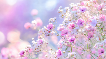 A stunning display of soft pink and white wildflowers gently illuminated by natural light, creating a serene and romantic atmosphere ideal for any seasonal theme.の素材