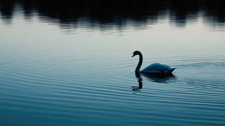 Silhouette of a swan gliding across a calm lake at dusk, leaving room for text in the reflected water.の素材