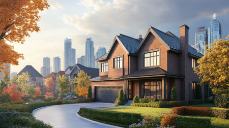 Cityscape view with a beautiful suburban house in the foreground, leaving room for copy.の素材