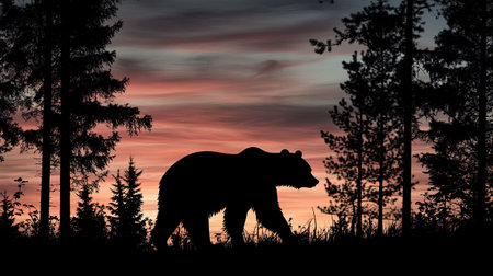 Silhouette of a bear walking through a forest at twilight, with space for copy in the sky.の素材