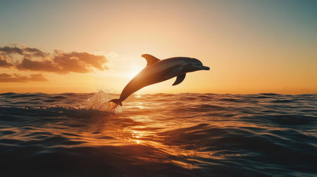Silhouette of a dolphin diving into the ocean with the sunset in the background, leaving space for copy.の素材