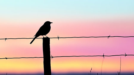 Silhouette of a bird perched on a fence post at dawn, with room for copy in the sky.の素材