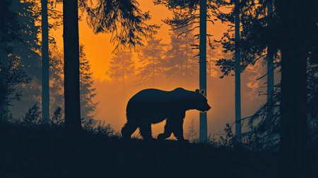 Silhouette of a bear walking through a forest at twilight, with space for copy in the sky.の素材