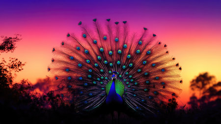 Silhouette of a peacock spreading its feathers in front of a vibrant sunset, with space for copy.の素材