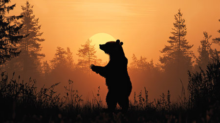 Silhouette of a bear standing on its hind legs in a forest clearing, with space for copy in the background.の素材