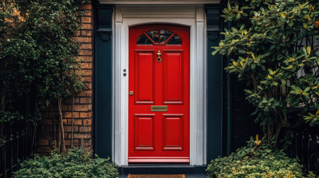 A charming residential house with a red door, leaving plenty of room for copy in the background.の素材