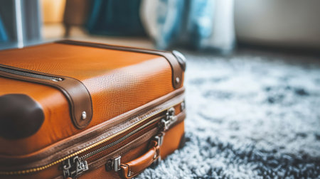 Close-up of a holiday suitcase ready for travel, leaving space for text in the background.の素材