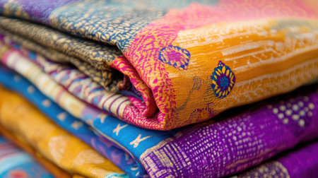 Brightly colored Indian textile with hand-printed motifs, folded neatly, leaving room for copy.の素材