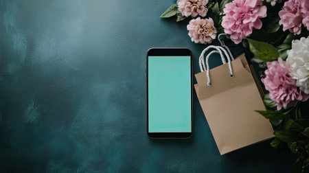 Online shopping interface on a smartphone screen, leaving space for text on the sideの素材