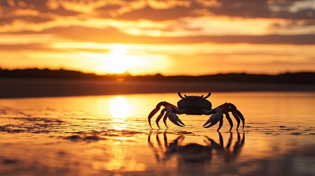 Silhouette of a crab walking along the shoreline at sunset, with space for copy in the foreground.の素材