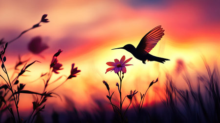 Silhouette of a hummingbird hovering near a flower with a vibrant sunset behind, leaving space for text.の素材