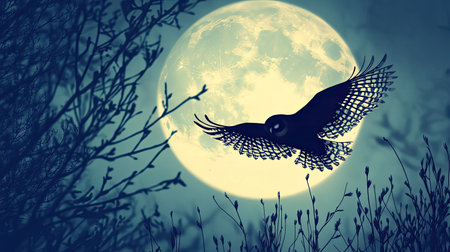 Silhouette of an owl in mid-flight against a full moon, leaving room for text in the sky.の素材