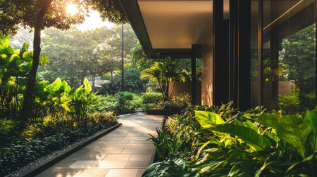 City home with modern design and lush greenery, leaving room for text in the background.の素材