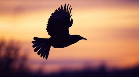 Silhouette of a bird in flight against a twilight sky, leaving room for text in the background.の素材