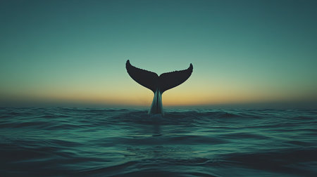 Silhouette of a whale's tail emerging from the ocean at twilight, with room for copy in the sky.の素材