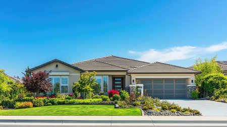 Contemporary house with a landscaped front yard, leaving room for text in the sky.の素材