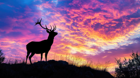 Silhouette of a deer with antlers standing on a hilltop with a vibrant sunset behind, leaving room for copy.の素材