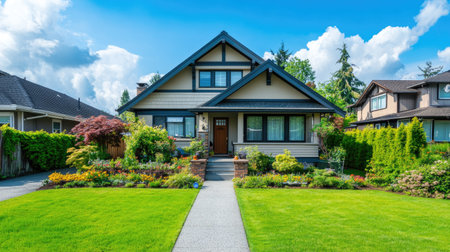 City house with a front garden and driveway, leaving plenty of space for text in the background.の素材