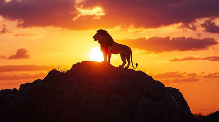 Silhouette of a lion standing on a rocky outcrop with a sunset in the background, with room for copy in the sky.の素材
