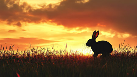Silhouette of a rabbit hopping across a grassy field at sunset, with room for text in the sky.の素材