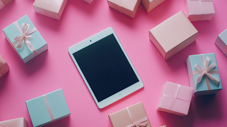 Digital shopping concept with a tablet and small packages, leaving ample space for text.の素材