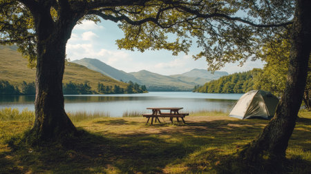 Empty holiday campsite by a peaceful lake, leaving space for copy.の素材