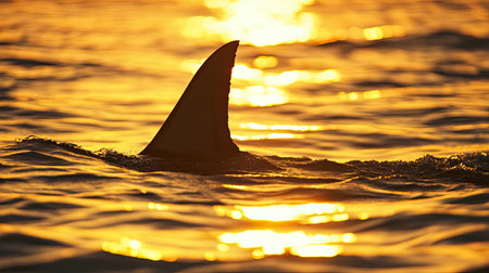 Silhouette of a shark dorsal fin cutting through the water at sunset, leaving room for copy.の素材