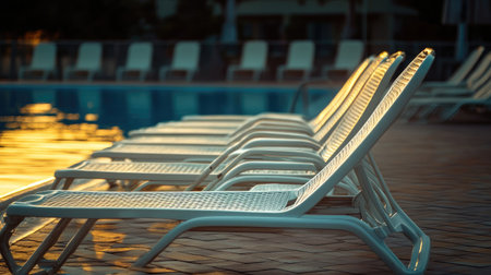 Empty poolside loungers in a holiday resort, leaving ample space for text in the background.の素材