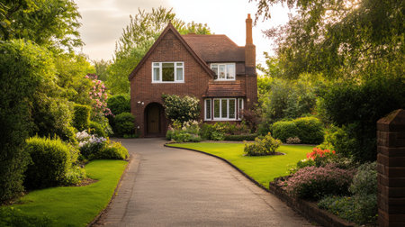 City house with a front garden and driveway, leaving plenty of space for text in the background.の素材