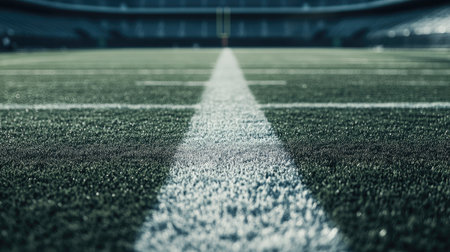 Close-up of the white markings on a football field in an empty stadium, with space for copy.の素材