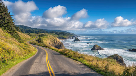 Scenic coastal road perfect for a holiday drive, leaving room for copy in the sky.の素材