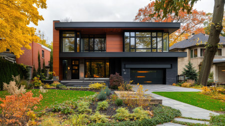 Beautifully designed house in a city neighborhood, with space for copy in the background.の素材