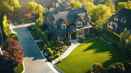 Luxury house with a well-kept lawn in a city setting, leaving space for copy.の素材