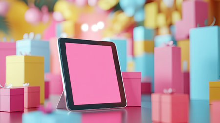 Digital shopping concept with a tablet and small packages, leaving ample space for text.の素材